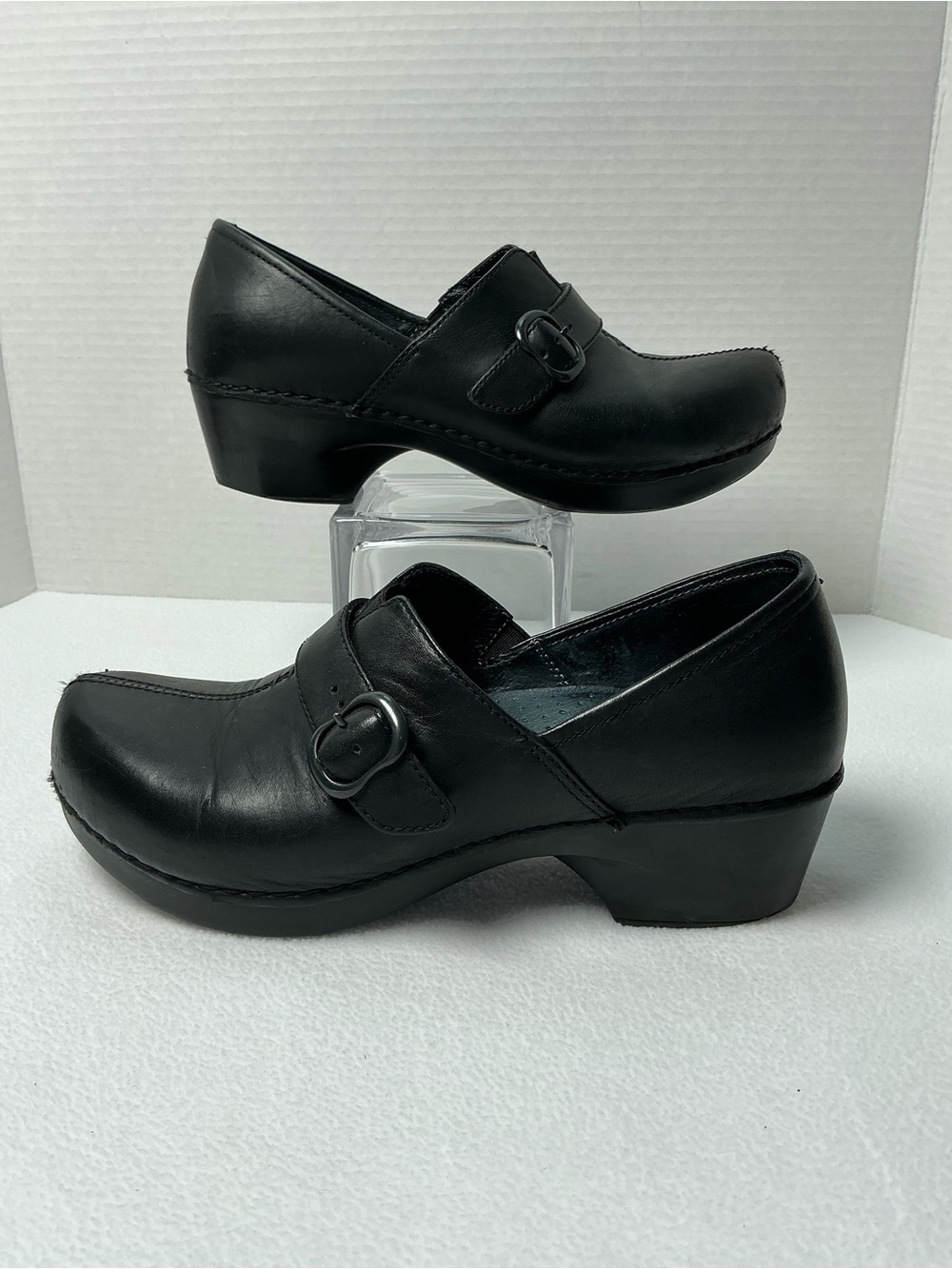 Dansko Roxy Black Leather Buckle Heeled Clogs 38